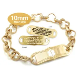 Heart Bracelet in Stainless Steel Yellow Gold Finish with Medical ID Tag - 10mm (HTG10-3)
