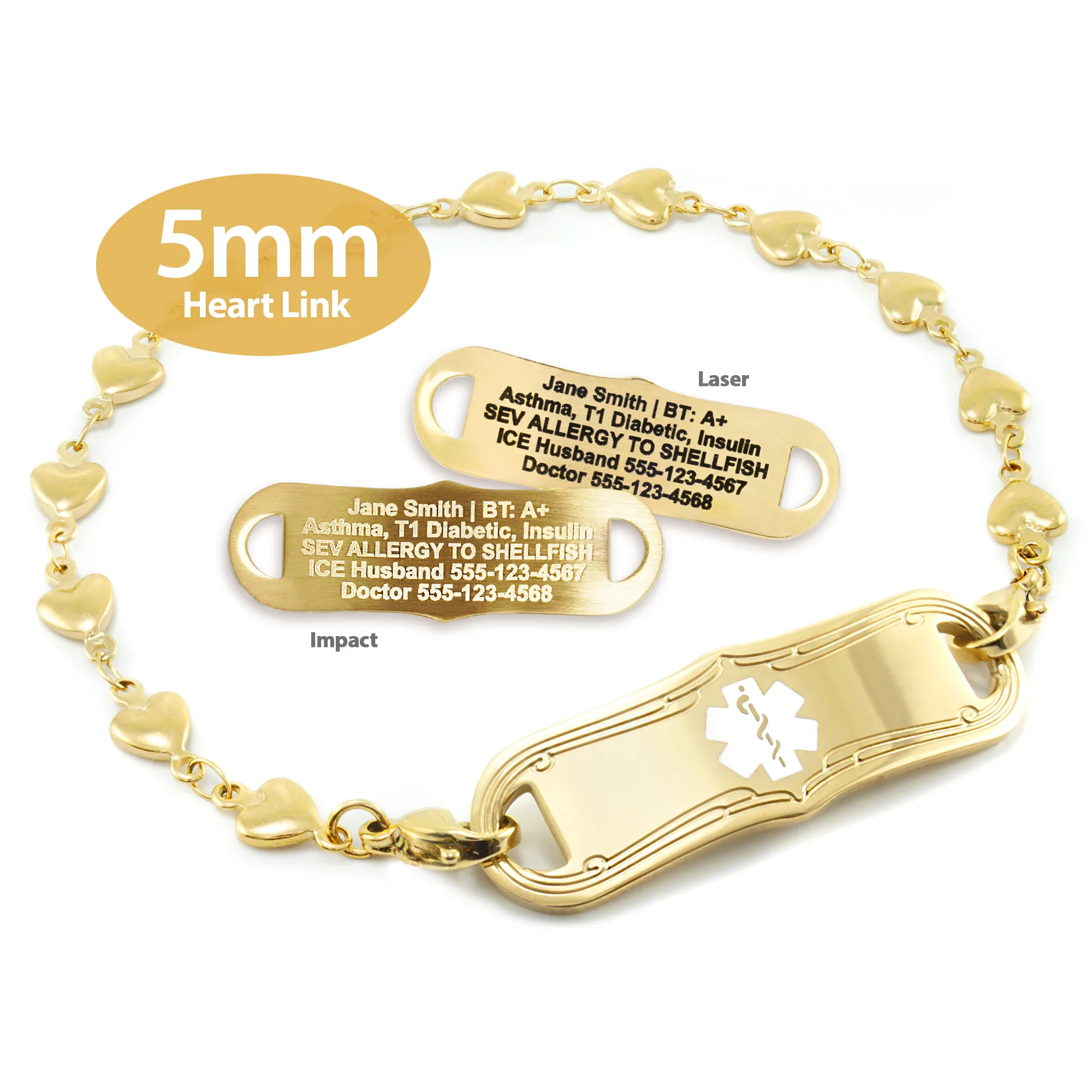 Heart Bracelet in Stainless Steel Yellow Gold Finish with Medical ID Tag - 5mm (HTG5-3)