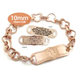 Heart Bracelet in Stainless Steel Rose Gold Finish with Medical ID Tag - 10mm (HTR10-3)