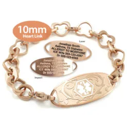 Heart Bracelet in Stainless Steel Rose Gold Finish with Medical ID Tag - 10mm (HTR10-1)