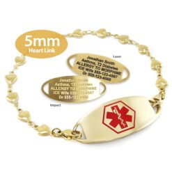 Heart Bracelet in Stainless Steel Yellow Gold Finish with Medical ID Tag - 5mm (HTG5-1)