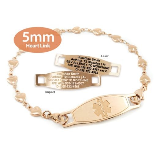 Heart Bracelet in Stainless Steel Rose Gold Finish with Medical ID Tag - 5mm (HTR5-2)