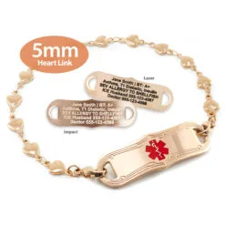 Heart Bracelet in Stainless Steel Rose Gold Finish with Medical ID Tag - 5mm (HTR5-3)