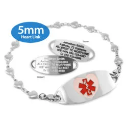 Heart Bracelet in Stainless Steel with Medical ID Tag - 5mm (HTS5-1)