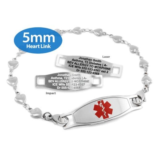 Heart Bracelet in Stainless Steel with Medical ID Tag - 5mm (HTS5-2)