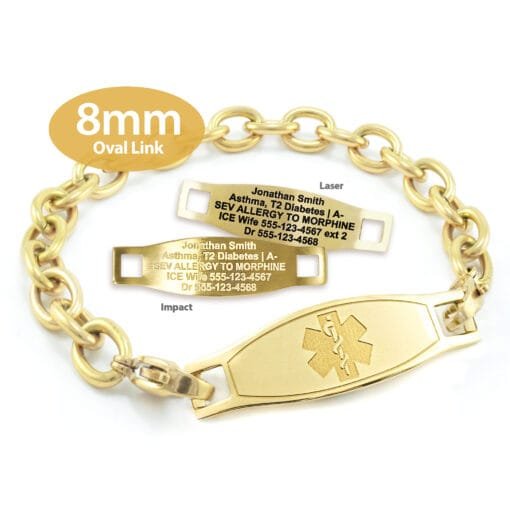 Oval Link Medical Alert Bracelet in Stainless Steel Yellow Gold Finish - 8mm (LG8-2)