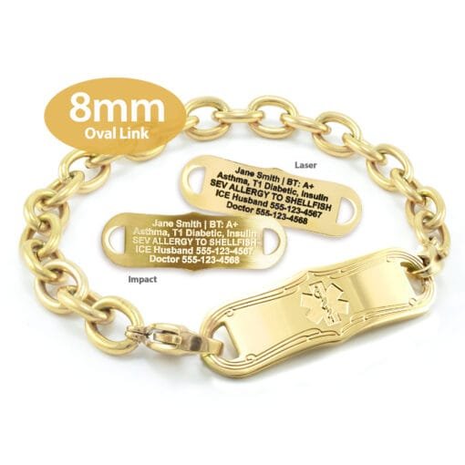 Oval Link Medical Alert Bracelet in Stainless Steel Yellow Gold Finish - 8mm (LG8-3)