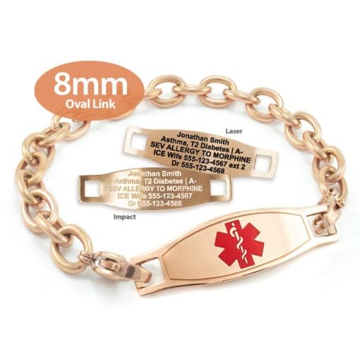 Oval Link Medical Alert Bracelet in Stainless Steel Rose Gold Finish Tag - 8mm (LR8-2)