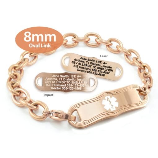 Oval Link Medical Alert Bracelet in Stainless Steel Rose Gold Finish Tag - 8mm (LR8-3)