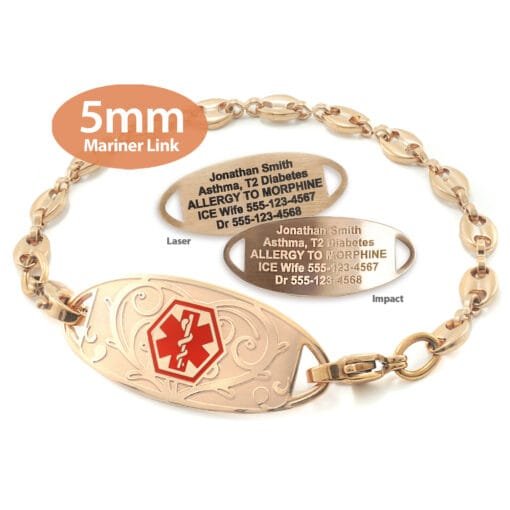 Mariner Bracelet in Stainless Steel Rose Gold Finish with Medical ID Tag - 5mm (MAR5-1)