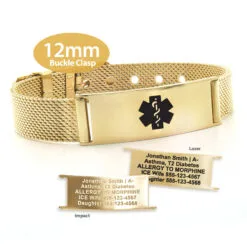 Buckle Clasp Medical ID Mesh Band in 316L Stainless Steel Yellow Gold Finish - 12mm (MB12-GBK)