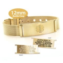 Buckle Clasp Medical ID Mesh Band with Yellow Gold Finish - 12mm (MB12-GEM)