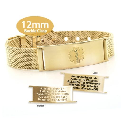 Buckle Clasp Medical ID Mesh Band with Yellow Gold Finish - 12mm (MB12-GEM)