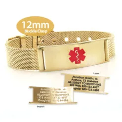 Buckle Clasp Medical ID Mesh Band in 316L Stainless Steel Yellow Gold Finish - 12mm (MB12-GRD)