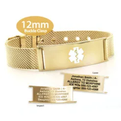 Buckle Clasp Medical ID Mesh Band with Yellow Gold Finish - 12mm (MB12-GWT)