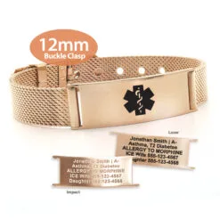 Buckle Clasp Medical ID Mesh Band in 316L Stainless Steel Rose Gold Finish - 12mm (MB12-RBK)