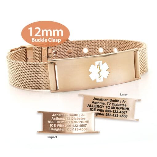 Buckle Clasp Medical ID Mesh Band with Rose Gold Finish - 12mm (MB12-RWT)