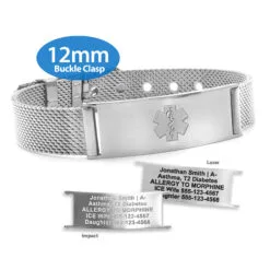 Buckle Clasp Medical ID Mesh Band with Stainless Steel Finish - 12mm (MB12-SEM)