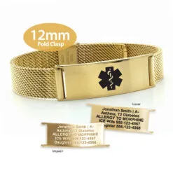 Fold Clasp Medical ID Mesh Band in 316L Stainless Steel Yellow Gold Finish - 12mm (MB12-GBK)