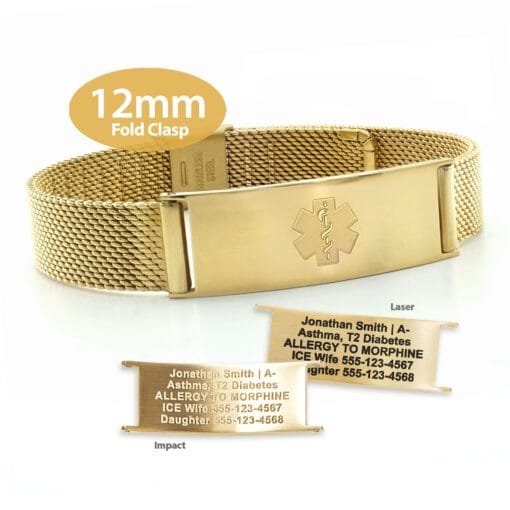 Fold Clasp Medical ID Mesh Band with Yellow Gold Finish - 12mm (MF12_GEM)