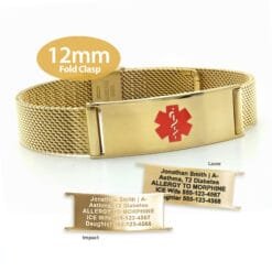 Fold Clasp Medical ID Mesh Band in 316L Stainless Steel Yellow Gold Finish - 12mm (MB12-GRD)