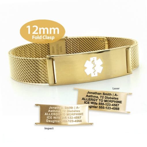 Fold Clasp Medical ID Mesh Band with Yellow Gold Finish - 12mm (MF12_GWT)