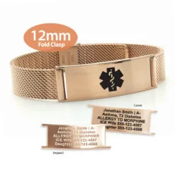 Fold Clasp Medical ID Mesh Band in 316L Stainless Steel Rose Gold Finish - 12mm (MB12-RBK)