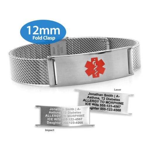 Fold Clasp Medical ID Mesh Band with Stainless Steel Finish - 12mm (MF12_SRD)