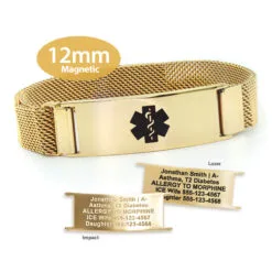 Magnetic Medical ID Mesh Band in 316L Stainless Steel Yellow Gold Finish - 12mm (MG12-GBK)