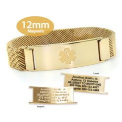 Magnetic Medical ID Mesh Band with Yellow Gold Finish - 12mm (MG12_GEM)