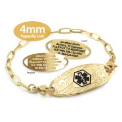 Paperclip Link Bracelet in 316L Stainless Steel Yellow Gold Finish with Medical ID Tag - 4mm (PCG4-1)
