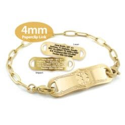 Paperclip Link Bracelet in 316L Stainless Steel Yellow Gold Finish with Medical ID Tag - 4mm (PCG4-3)