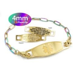 Kids Paperclip Link Bracelet in 316L Stainless Steel Yellow Gold Rainbow Finish with Medical ID Tag - 4mm (PCGR4-2K)