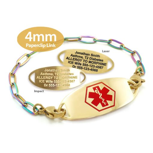 Paperclip Link Bracelet in 316L Stainless Steel Yellow Gold Rainbow Finish with Medical ID Tag - 4mm (PCGR4-1)