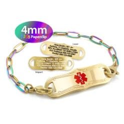 Kids Paperclip Link Bracelet in 316L Stainless Steel Yellow Gold Rainbow Finish with Medical ID Tag - 4mm (PCGR4-3K)