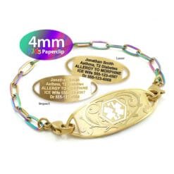 Kids Paperclip Link Bracelet in 316L Stainless Steel Yellow Gold Rainbow Finish with Medical ID Tag - 4mm (PCGR4-1K)