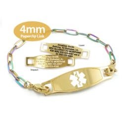 Paperclip Link Bracelet in 316L Stainless Steel Yellow Gold Rainbow Finish with Medical ID Tag - 4mm (PCGR4-2)