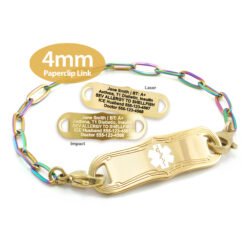 Paperclip Link Bracelet in 316L Stainless Steel Yellow Gold Rainbow Finish with Medical ID Tag - 4mm (PCGR4-3)