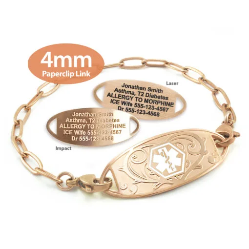 Paperclip Link Bracelet in 316L Stainless Steel Rose Gold Finish with Medical ID Tag - 4mm (PCR4-1)