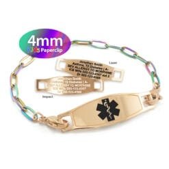 Kids Paperclip Link Bracelet in 316L Stainless Steel Rose Gold Rainbow Finish with Medical ID Tag - 4mm (PCRR4-2K)