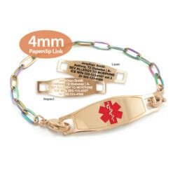 Paperclip Link Bracelet in 316L Stainless Steel Rose Gold Rainbow Finish with Medical ID Tag - 4mm (PCRR4-2)