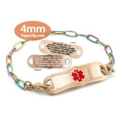 Paperclip Link Bracelet in 316L Stainless Steel Rose Gold Rainbow Finish with Medical ID Tag - 4mm (PCRR4-3)