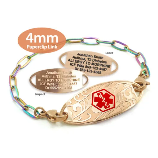 Paperclip Link Bracelet in 316L Stainless Steel Rose Gold Rainbow Finish with Medical ID Tag - 4mm (PCRR4-1)
