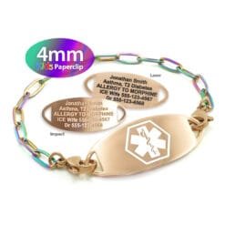 Kids Paperclip Link Bracelet in 316L Stainless Steel Rose Gold Rainbow Finish with Medical ID Tag - 4mm (PCRR4-1K)