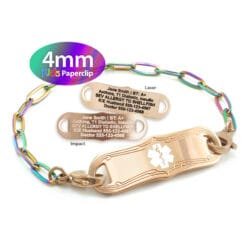 Kids Paperclip Link Bracelet in 316L Stainless Steel Rose Gold Rainbow Finish with Medical ID Tag - 4mm (PCRR4-3K)