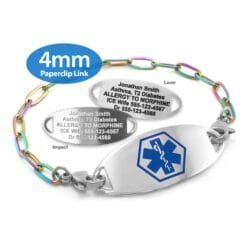 Paperclip Link Bracelet in 316L Stainless Steel Rainbow Finish with Medical ID Tag - 4mm (PCSR4-1)