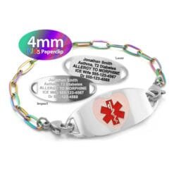 Kids Paperclip Link Bracelet in 316L Stainless Steel Rainbow Finish with Medical ID Tag - 4mm (PCSR4-1K)