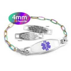 Kids Paperclip Link Bracelet in 316L Stainless Steel Rainbow Finish with Medical ID Tag - 4mm (PCSR4_2K)