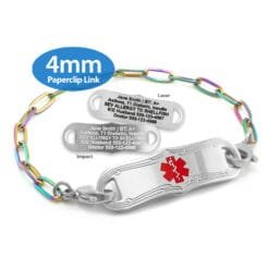 Paperclip Link Bracelet in 316L Stainless Steel Rainbow Finish with Medical ID Tag - 4mm (PCSR4-3)