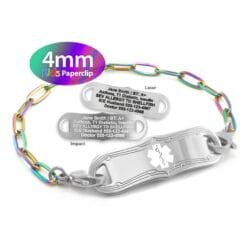 Kids Paperclip Link Bracelet in 316L Stainless Steel Rainbow Finish with Medical ID Tag - 4mm (PCSR4-3K)